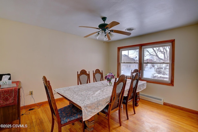 dining space featuring wood-type flooring, a baseboard heating unit, and ceiling fan