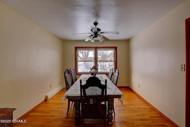 dining room featuring ceiling fan, light hardwood / wood-style floors, and a baseboard heating unit