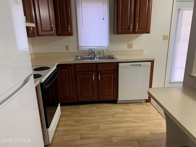 kitchen with sink, white appliances, and light wood-type flooring