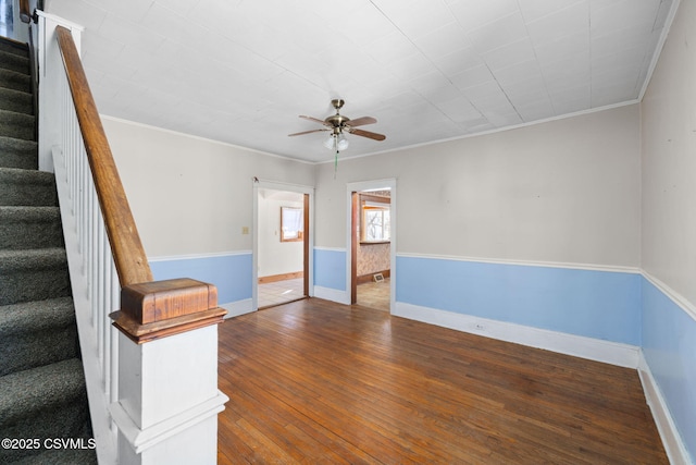 unfurnished room with crown molding, ceiling fan, and hardwood / wood-style floors