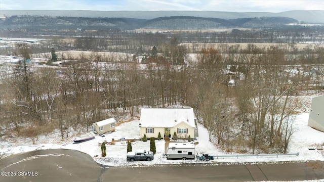 snowy aerial view featuring a mountain view