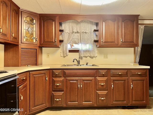 kitchen with white electric stove and sink