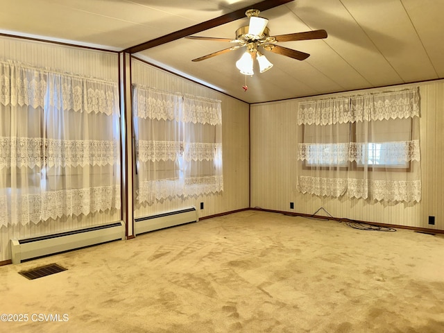 unfurnished room featuring carpet floors, lofted ceiling with beams, ceiling fan, and baseboard heating