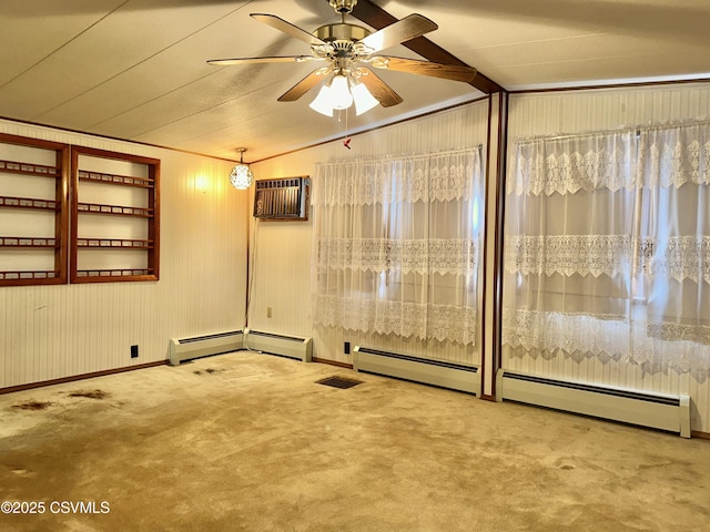 unfurnished room featuring vaulted ceiling, baseboard heating, carpet flooring, a wall unit AC, and ceiling fan