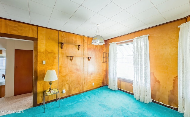 carpeted empty room with wooden walls