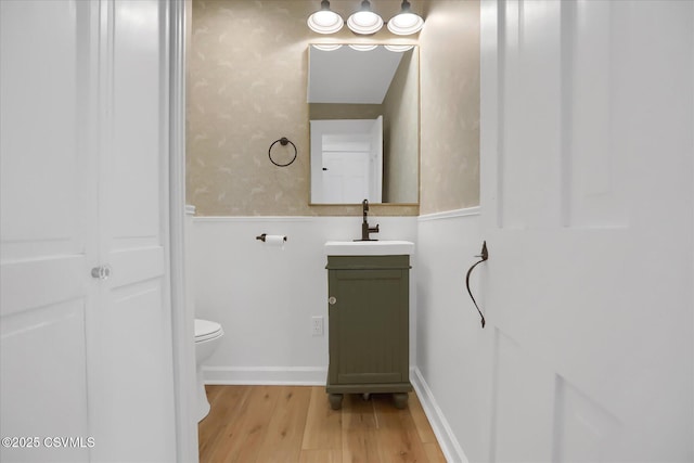 bathroom featuring vanity, wood-type flooring, and toilet