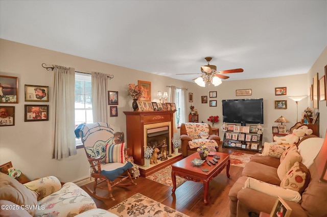 living room with ceiling fan and hardwood / wood-style floors