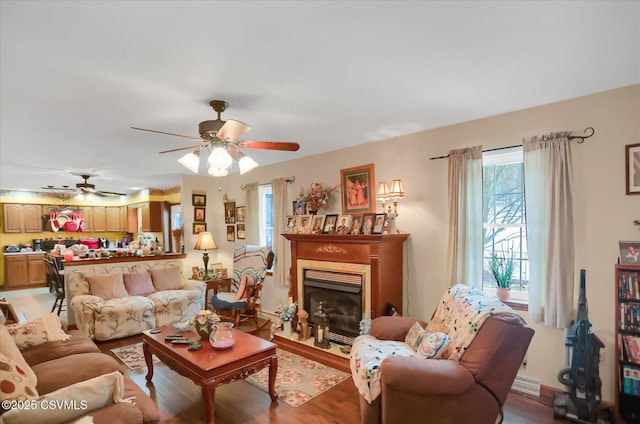 living room with hardwood / wood-style floors and ceiling fan