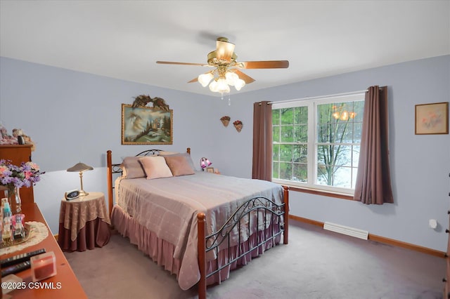 carpeted bedroom featuring ceiling fan