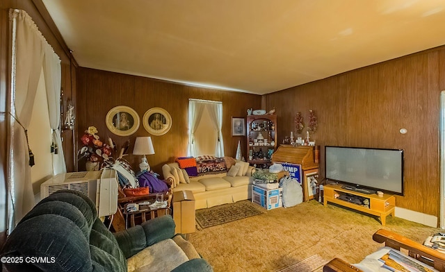 living room with wooden walls and carpet