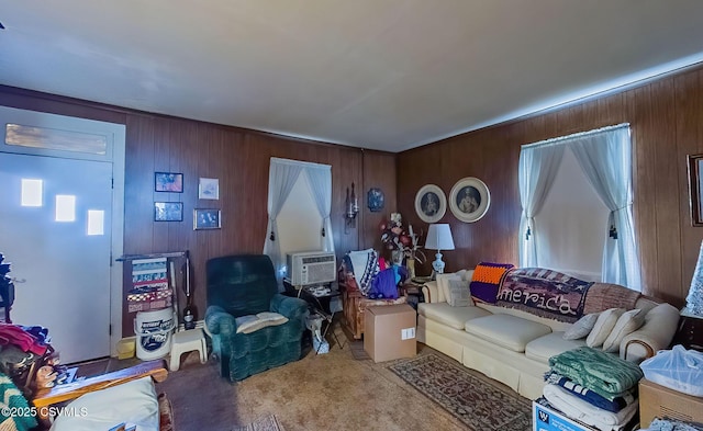 living room featuring cooling unit and light colored carpet