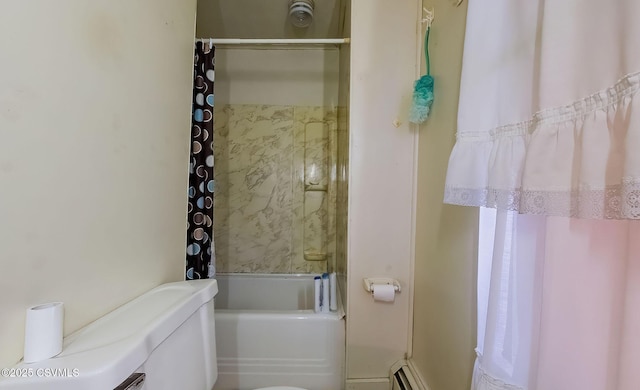 bathroom with shower / bath combo, baseboard heating, and toilet