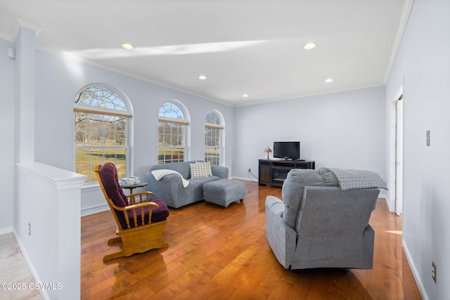 living room featuring wood-type flooring and ornamental molding