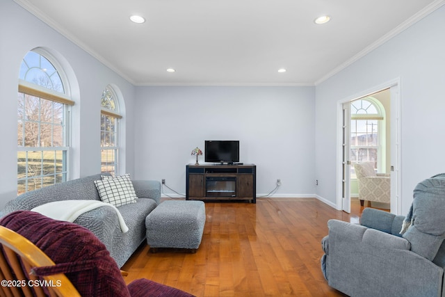 living room with crown molding and light hardwood / wood-style floors