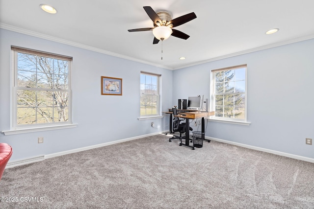 carpeted office with ornamental molding, ceiling fan, and baseboard heating