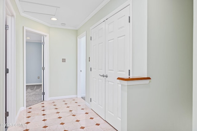 hallway featuring ornamental molding