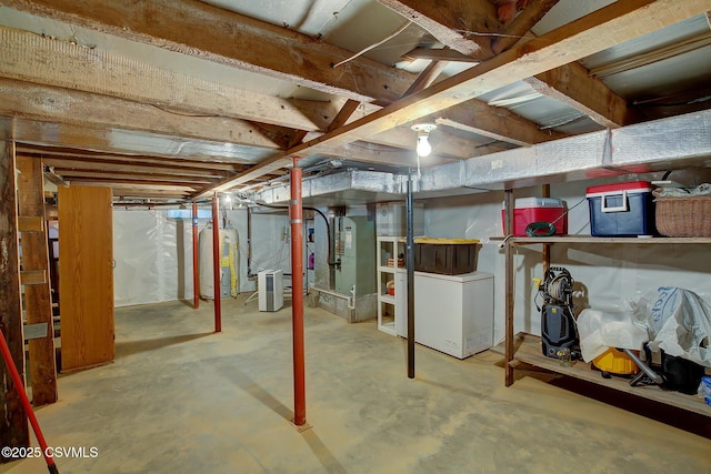 basement with electric water heater and heating unit