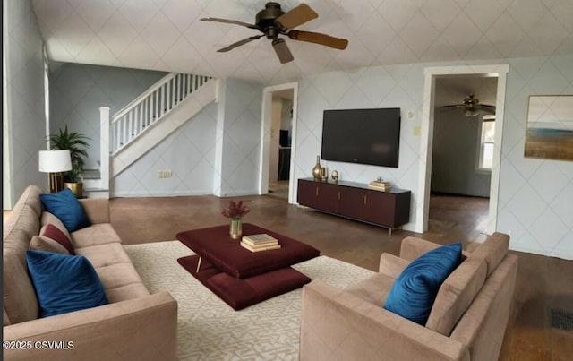 living room with ceiling fan