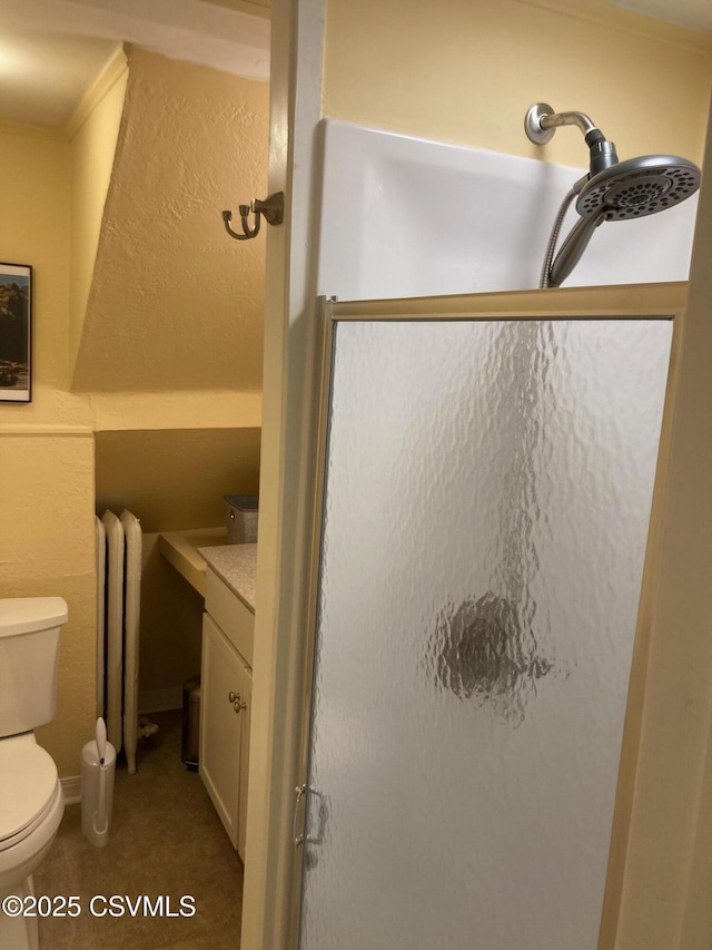 bathroom featuring vanity, radiator heating unit, a shower with door, and toilet