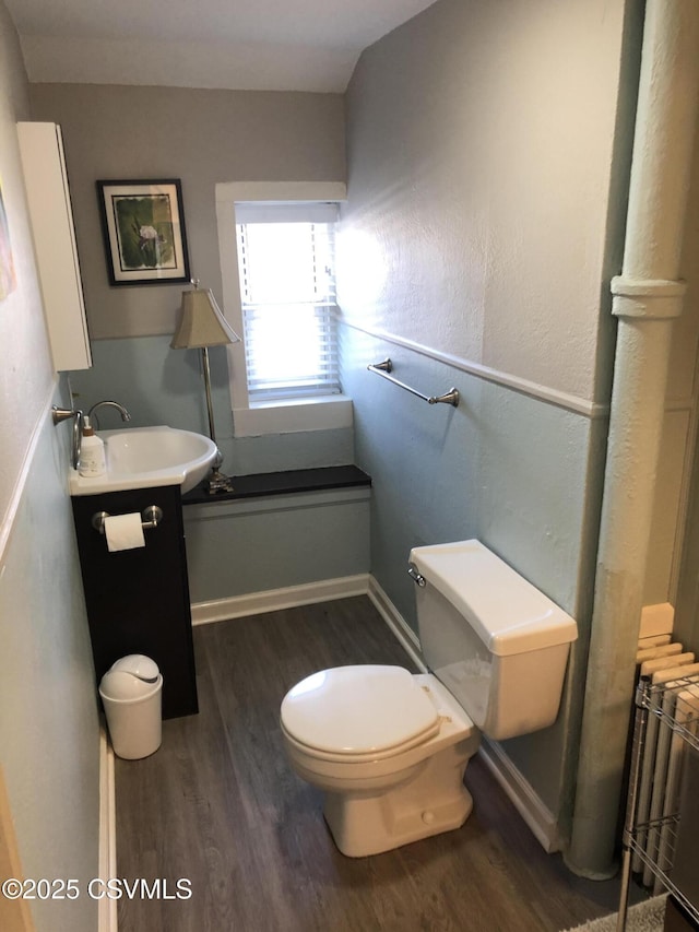 bathroom with hardwood / wood-style flooring, vanity, radiator heating unit, and toilet