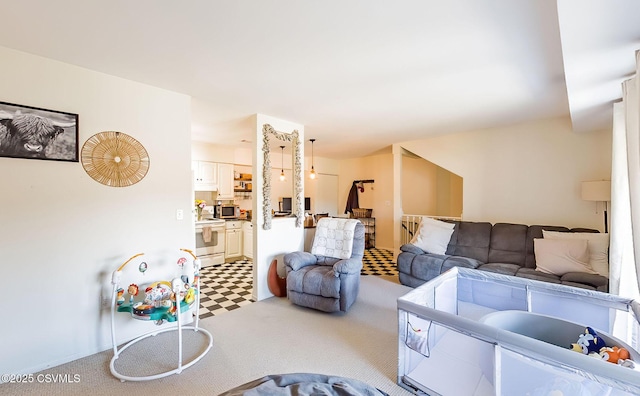 living room with light colored carpet