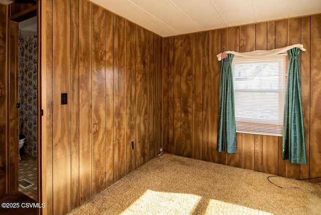 unfurnished room featuring wooden walls and carpet