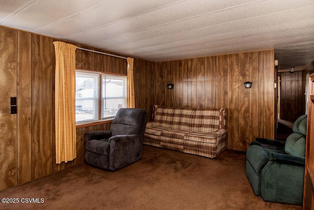 sitting room with dark colored carpet and wooden walls