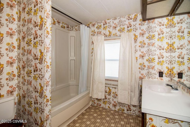 full bathroom with vanity, shower / tub combo, tile patterned floors, and toilet