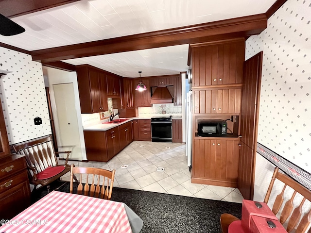 kitchen with pendant lighting, light tile patterned flooring, custom exhaust hood, and electric range