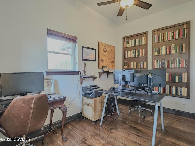 office area with ceiling fan, hardwood / wood-style floors, and built in features