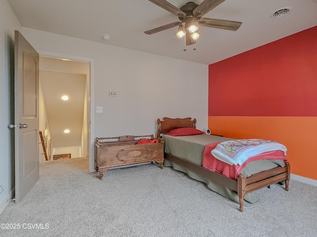 bedroom featuring carpet floors and ceiling fan