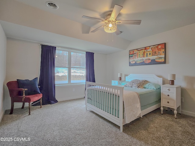 bedroom with carpet, lofted ceiling, and ceiling fan