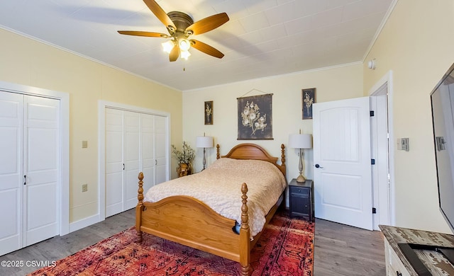 bedroom with multiple closets, ceiling fan, ornamental molding, and hardwood / wood-style floors