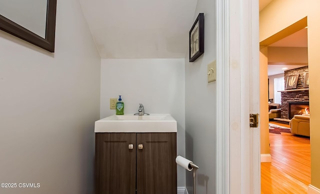 bathroom featuring vanity, a fireplace, and wood-type flooring