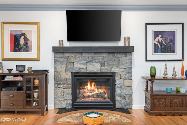 details featuring ornamental molding, a stone fireplace, and wood-type flooring