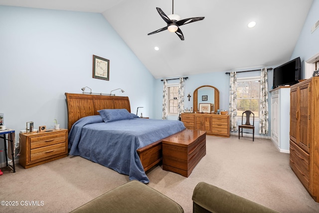 bedroom with ceiling fan, high vaulted ceiling, light carpet, and access to outside