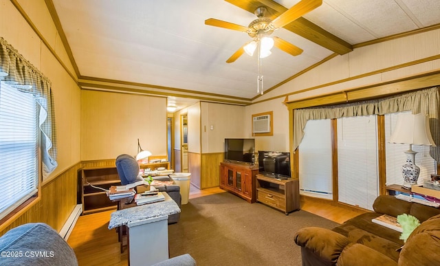 living room with ceiling fan, vaulted ceiling with beams, ornamental molding, a baseboard radiator, and an AC wall unit