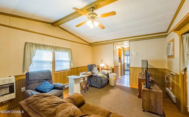 carpeted living room with heating unit, vaulted ceiling with beams, a baseboard radiator, and ceiling fan