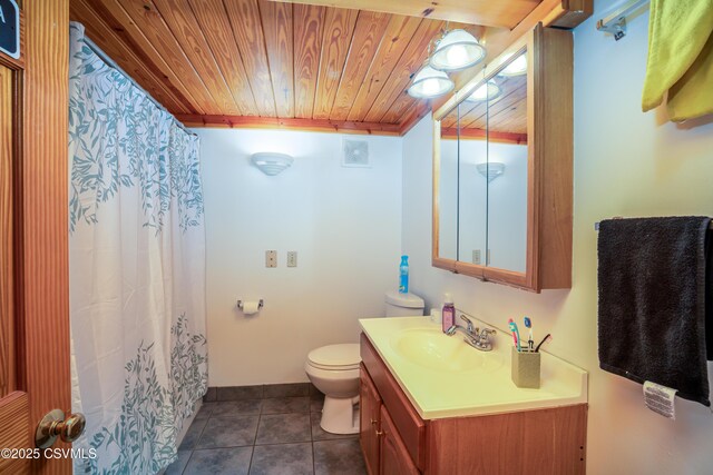 53 W Main St, Bloomsburg, PA 17815 - bathroom featuring vanity, tile patterned floors, wooden ceiling, and toilet