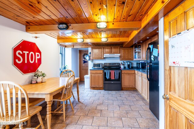 53 W Main St, Bloomsburg, PA 17815 - kitchen with black refrigerator, wooden ceiling, beam ceiling, and stainless steel electric range