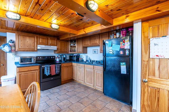 53 W Main St, Bloomsburg, PA 17815 - kitchen with black refrigerator, wood ceiling, stainless steel electric range oven, and beamed ceiling