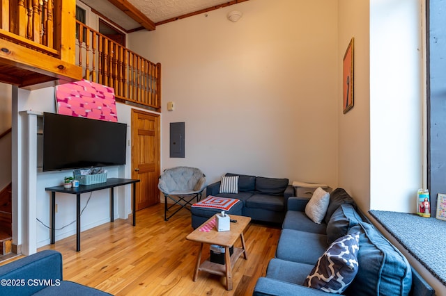 53 W Main St, Bloomsburg, PA 17815 - living room featuring electric panel, a high ceiling, and light wood-type flooring