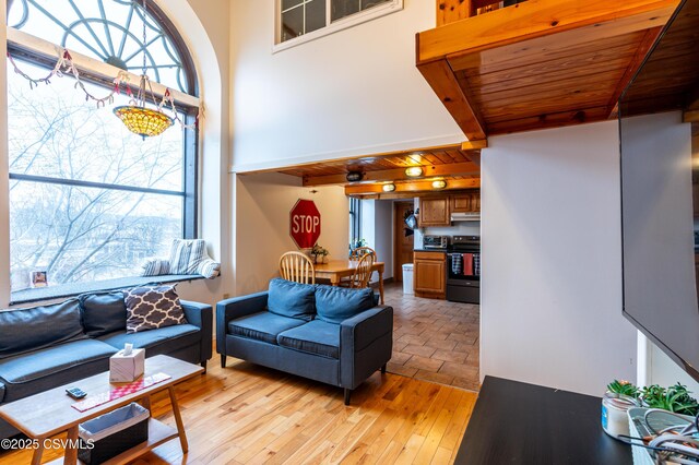 53 W Main St, Bloomsburg, PA 17815 - living room with wooden ceiling, beam ceiling, a high ceiling, and light wood-type flooring