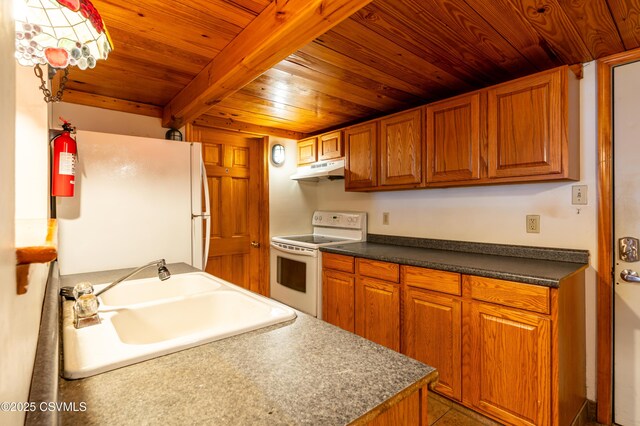 53 W Main St, Bloomsburg, PA 17815 - kitchen featuring wood ceiling, sink, white appliances, and beamed ceiling