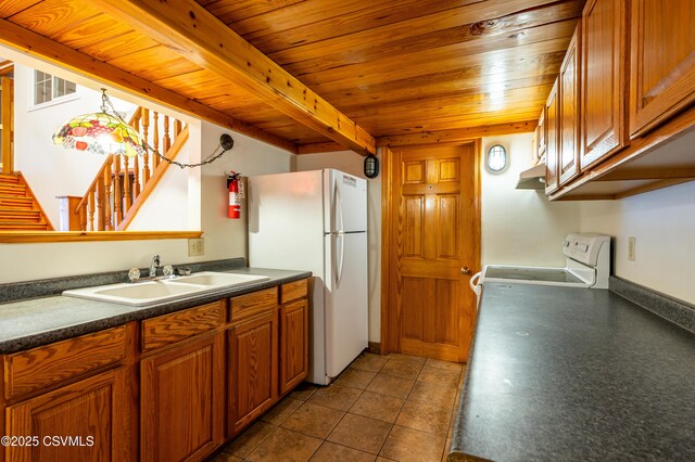 53 W Main St, Bloomsburg, PA 17815 - kitchen featuring sink, white refrigerator, dark tile patterned floors, range, and wooden ceiling