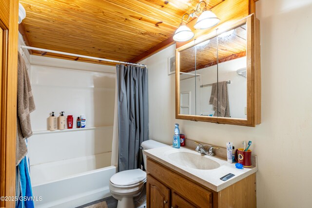 53 W Main St, Bloomsburg, PA 17815 - full bathroom with wood ceiling, vanity, toilet, and shower / bath combination with curtain