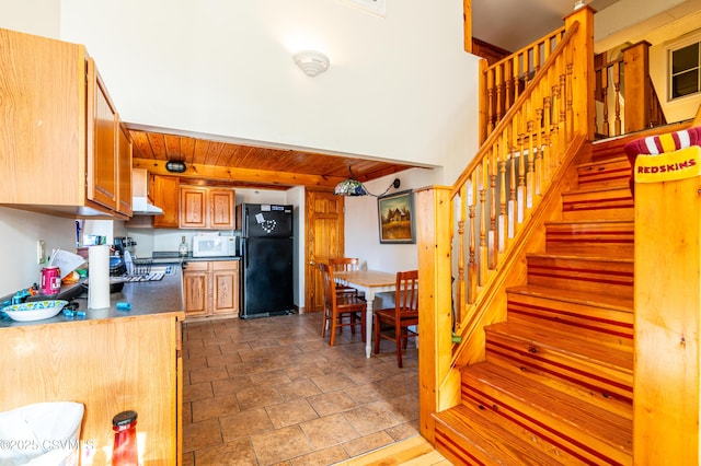53 W Main St, Bloomsburg, PA 17815 - kitchen with black fridge, stove, and wooden ceiling