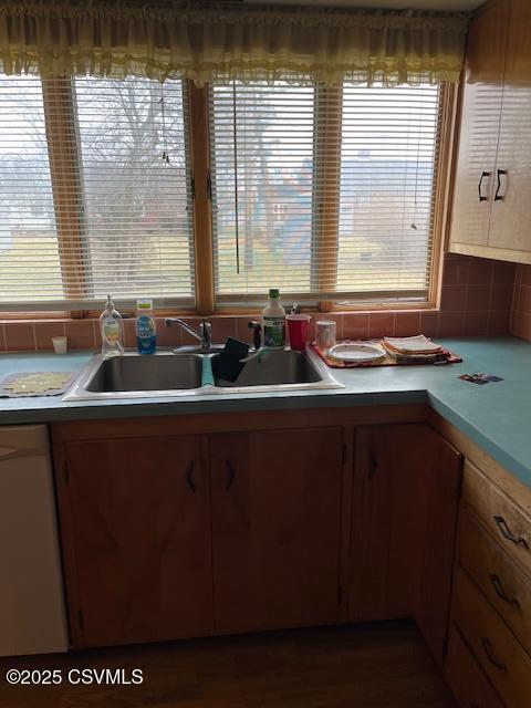 kitchen featuring white dishwasher, decorative backsplash, a sink, and light countertops