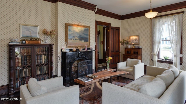 living room with ornamental molding and a fireplace