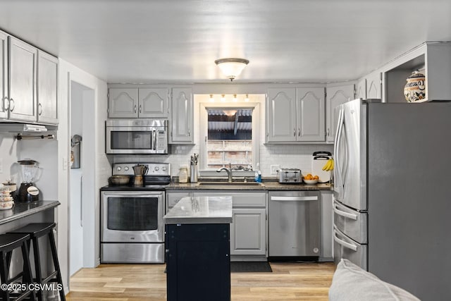 kitchen with stainless steel appliances, sink, light wood-type flooring, and gray cabinets